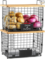 2 Set XL Stackable Wire Basket with Bamboo Tops & Tags- Pantry Organizer and Storage Bins, Kitchen Counter Cabinet Shelf Countertop Under Sink Organizing, Food Snack Produce Onion Potato Bread Storage