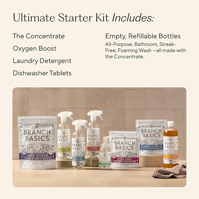 Branch Basics Ultimate Starter Kit: Natural All Purpose Cleaner, Glass, Bathroom, Foaming Hand Wash (4 Plastic Bottles + Concentrate + Oxygen Boost), Laundry Detergent, Plastic-Free Dishwasher Tablets
