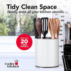 Cooler Kitchen White Rotating Extra Large Stainless Steel Utensil Holder Caddy with Sturdy No-Tip Weighted Base, Removable Divider, and Gripped Insert - Dishwasher Safe Metal Cooking Utensil Holder
