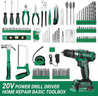Green Drill Tool Kit Set: 20V Cordless Power Drill Tool Box with Battery Electric Drill Driver for Men Home Hand Repair Basic Toolbox Tools Sets Drills Case