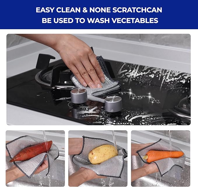 Wangjinpeng 24PCS 3-Layer Non-Scratch Multipurpose Steel Wire Dishcloths - Reusable Quick-Dry Odor-Free Scrub Cloths for Dishes, Kitchen Cleaning Cloths for Cookware, Sinks, Stove Tops(7.87X7.87)