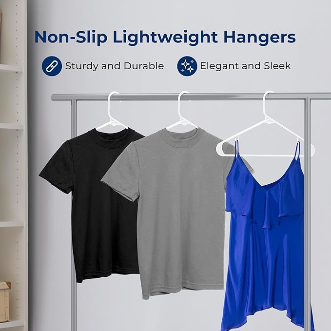 White Standard Plastic Hangers, Mega Pack,150 Pieces Hangers for Clothes, Durable Tubular Hanger Slip Design Cloth Hanger Set with 2 Integrated Strap Hook Design