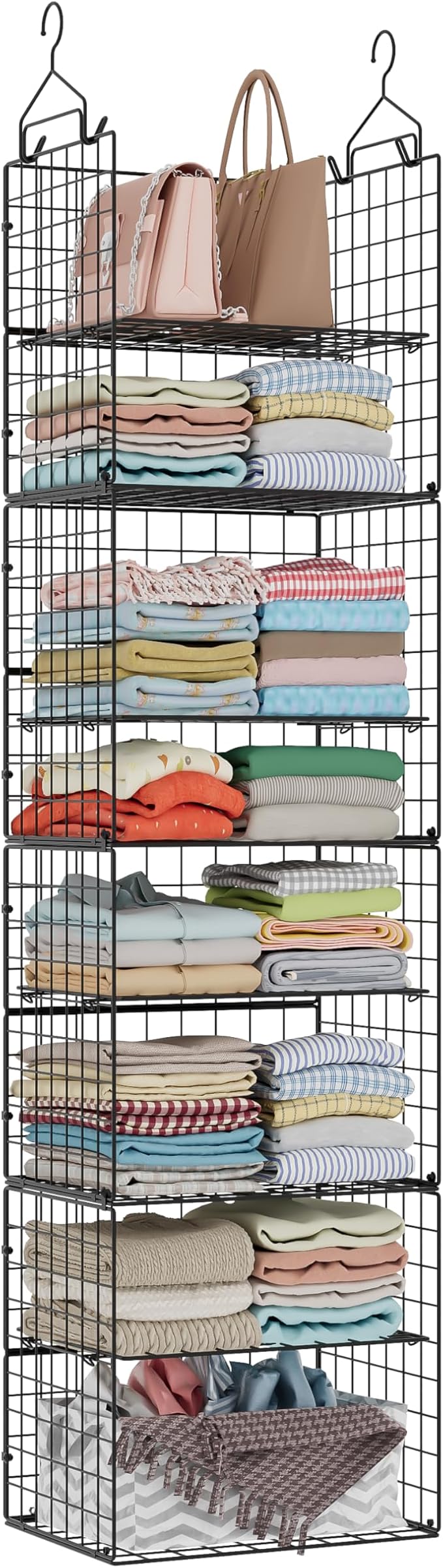 Hanging Closet Organizer and Storage - 8 Tier Closet Hanging Organizer Shelves, Metal & Foldable Hanging Storage Organizer Baskets with Adjustable Dividers for Clothing Sweaters Shoes Handbags