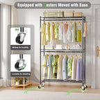 Neatrays Rolling Clothes Rack for Hanging Clothes, 47.2"x 11.8"x 79" Large Capacity Garment Rack with Double Rods & 3 Wire Shelves, Portable Closet with Wheels for Bedroom, Laundry, Balcony (Black)