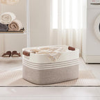 72L Large Laundry Basket with Leather Handles for Living Room Storage, Woven Rope Baskets Bin for Blanket, Kids Toy, Gifts, Wicker Hamper for Bedroom Dirty Clothes, 22"x17"x12" White Brown