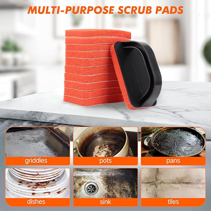 Non-Scratch Scouring Pads with Handle, Reusable Cleaning Scrubbers, Heavy Duty Scrubbing Pads for Cleaning Pans, Pots, Ovens, Grills, Griddles- 5 Scrub Pads and 1 Handle