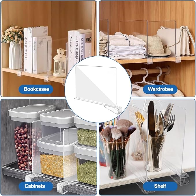 12 Pack Acrylic Shelf Dividers,Clear Acrylic Divider for Clothes/Purses,Wood Shelf Closet Separators,Shelf Divider Closet Organizer,Shelf Separators in Bedroom Kitchen Office Cabinets Storage