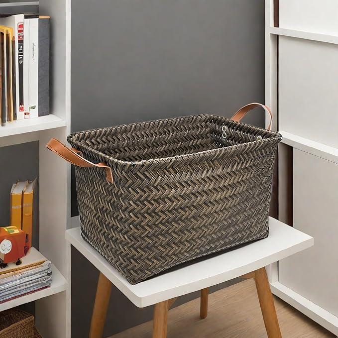 GIB Large Wicker Storage Baskets for Shelves, Woven Laundry Basket for Organizing Clothes Blanket Basket, Decorative Rectangular Closet Organizers Storage Bins with Handles, Black/Dark Gray, 4 Pack