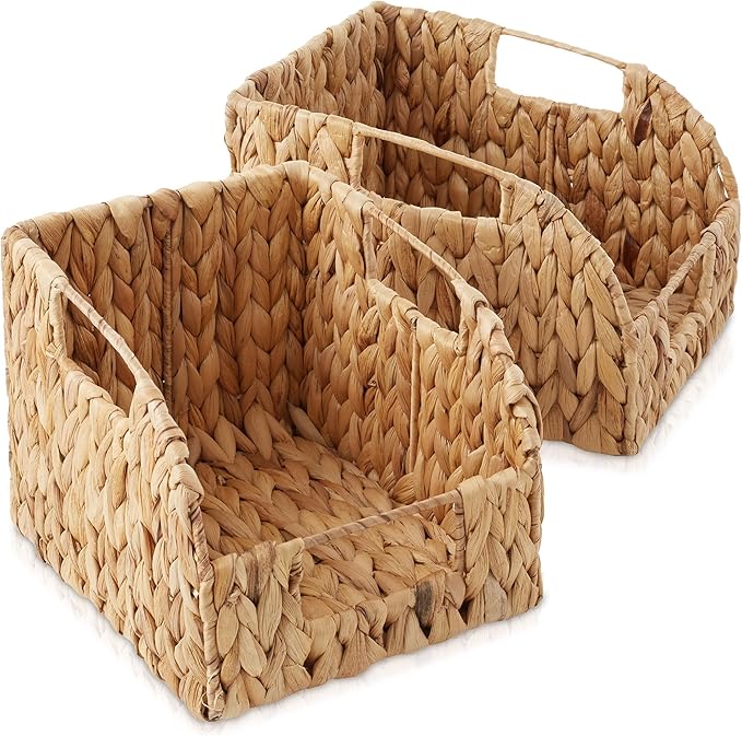 Casafield Set of 2 Water Hyacinth Pantry Baskets with Handles - Natural, Woven Storage Bin Organizers for Kitchen Shelves, Medium and Large Sizes