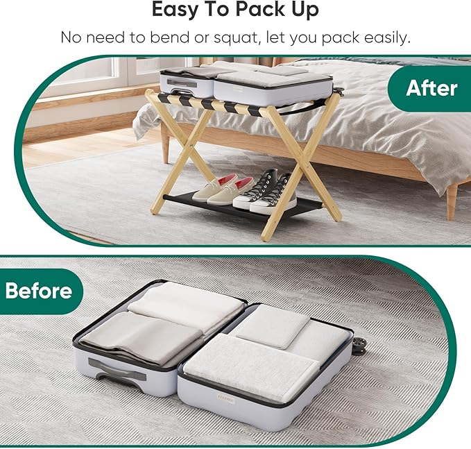 Smuxee Natural Bamboo Luggage Rack for Guest Room, Foldable Suitcase Stand with Storage Shelf, Easily Assembled Luggage Stand with 5 Nylon Straps for Guest Room Bedroom Hotel