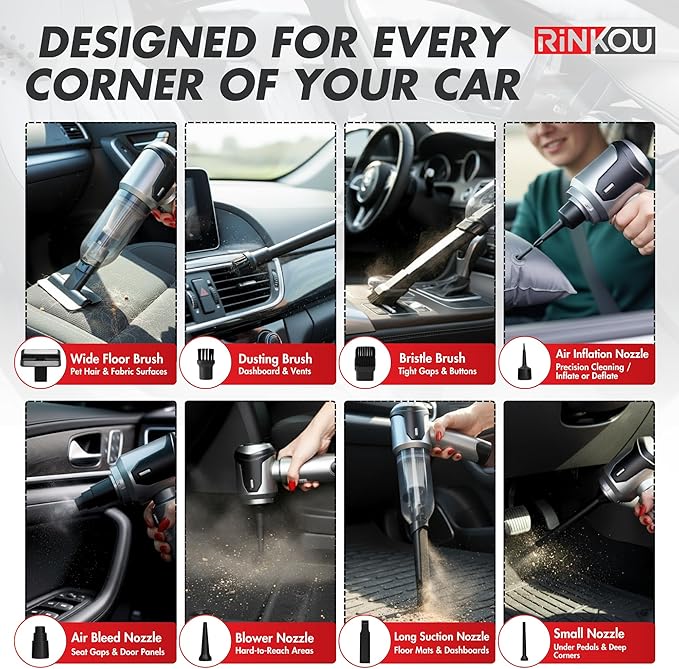 Car Vacuum Portable Cordless – Handheld Cleaner, Mini Car Vacuum, Small Portable Vehicle Cleaner with 8 Attachments, Blower, Spray Lubricant & Microfiber Towels for Truck & Interior Cleaning