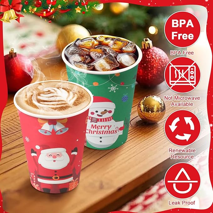 Lamosi 100 Pack Christmas Paper Cups 12 oz, Disposable Coffee Cups Hot/Cold Beverage for Holiday, Party, Cafe, Restaurant, Office and Home