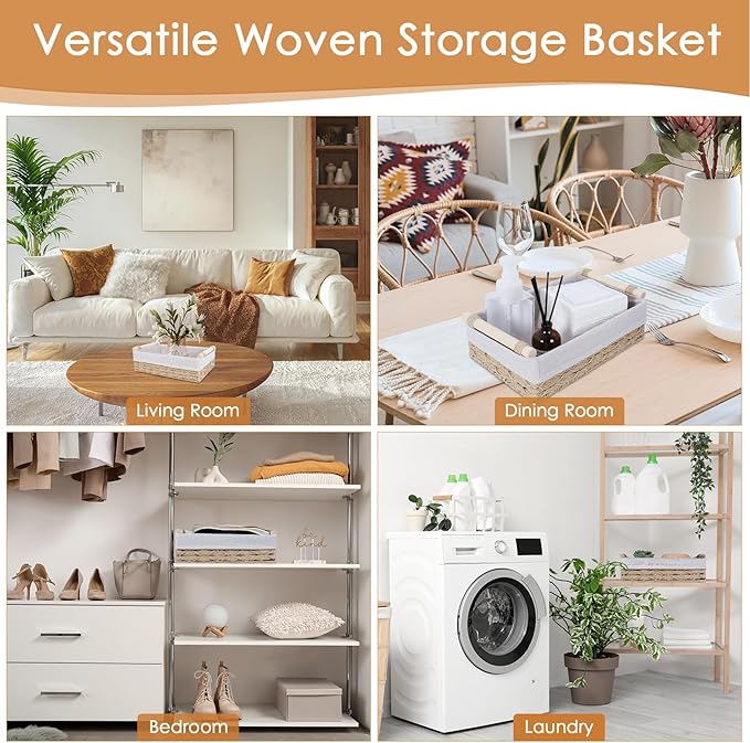 Wicker Storage Basket with Wooden Handle – Paper Rope Decorative Toilet Paper Baskets & Bathroom Organizer for Toilet Tank Top, Shelves, Bedroom, Countertop,Home,Office Storage Bins, 2 Pack,Beige