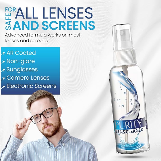 Purity Eyeglass Lens Cleaner Kit - 3 x 1oz Travel Size Lens Cleaner Spray Bottle + 2 Microfiber Cleaning Cloths - Safe for All Lenses (AR Coated Included), Eyeglasses and Screens - Clear