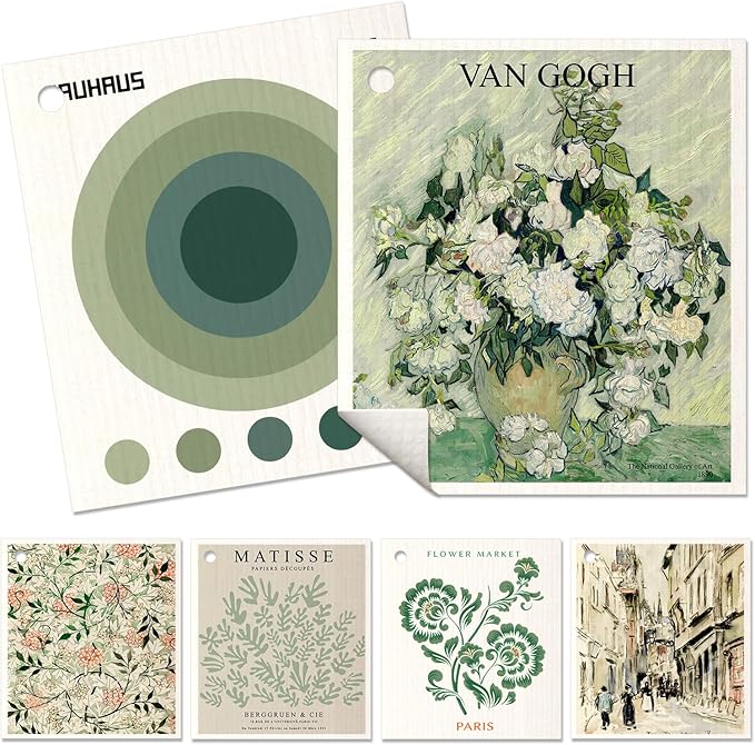 6 Pack Swedish Dishcloths for Kitchen - Reusable Dish Cloths for Washing Dishes Absorbent Cute Funny Kitchen Towels Cleaning Sponge, Green Artist