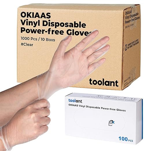 OKIAAS Disposable Gloves L, Bulk of 1000 Pcs|Latex and Powder-Free Clear Vinyl Gloves for Household, Food Handling, Lab Work and more, 10 Dispenser Boxes