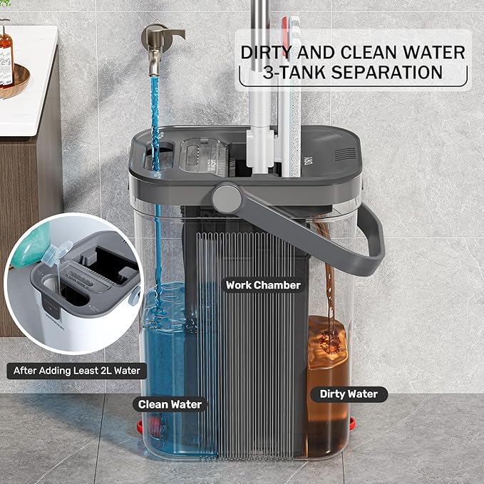 Mop and Bucket Set, 3-Tank Flat Mop and Bucket System for Separate Dirty & Clean Water, 65" Mops for Floor Cleaning with 6 Washable Pads, Safe for Hardwood, Vinyl, Tile, Baseboards, Walls