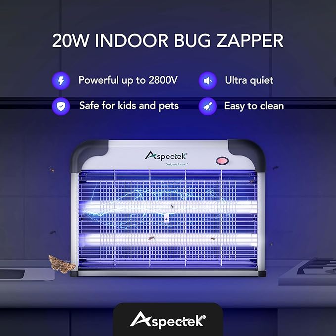 Aspectek 20W Electric Bug Zapper for Indoor Use. Effective Against Mosquitoes and Flies. 2 Extra Replacement Bulbs Included. Lightweight Design, 2800V Powerful Grid, Easy Cleaning, Washable Tray.