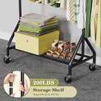 Holiwei Clothes Rack Load 450 LBS, Heavy Duty Garment Rack, Standing Rolling Metal Hanging Clothes with Sturdy Wheels & Shelves, Black