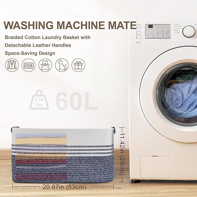 60L Large Laundry Basket with Leather Handles for Living Room Storage, Woven Rope Baskets Bin for Blanket, Kids Toy, Gifts, Wicker Hamper for Bedroom Dirty Clothes, 21"x15"x11" Denim Blue