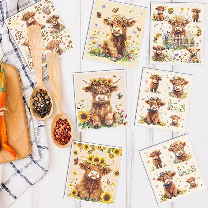 Swedish Dishcloths for Kitchen, 6PCS Floral Highland Cow Swedish Dish Cloths Gift Set, Reusable Washable Absorbent Dish Towel for Home Cleaning