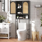 FiveWillowise Rattan Toilet Storage Cabinet, Over The Rack Wood Cabinet with Metal Stand, Bathroom Organizer with Adjustable Shelf, Tall Freestanding Washer Shelf, Small Cupboard, Black