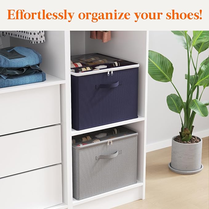 Lifewit 4 Pack Shoe Storage Organizer for Closet, Large Shoe Box Storage Containers with Clear Cover, Foldable Storage Bins Fit for Boots Fits 48-64 Pairs (Each 12-16 Pairs) Blue