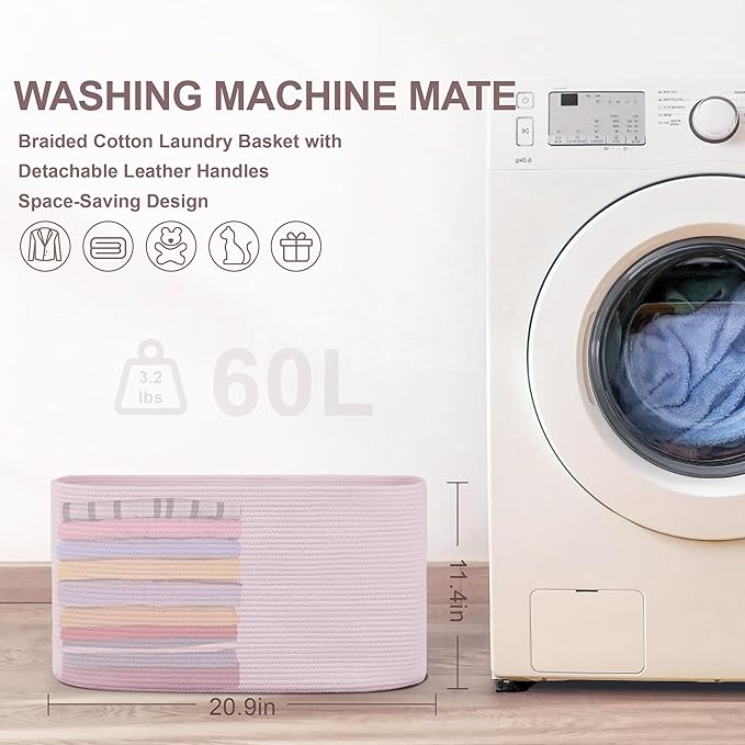 60L Small Baby Girls Laundry Basket for Nursery Storage,Cute Woven cotton Rope Baskets for Kids Toy，Gifts, Boho Square Wicker Blanket hamper for Living Room,Bedroom Dirty Clothes,Pink