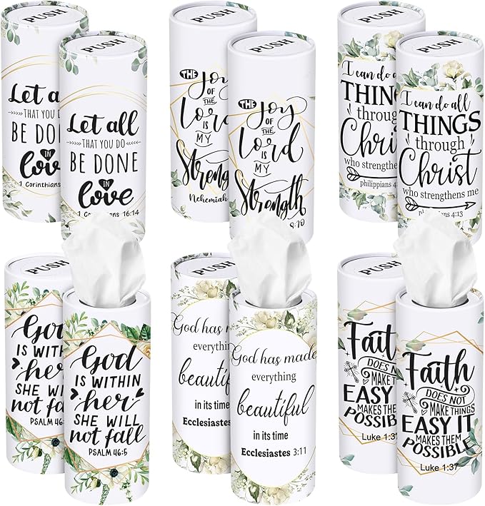 Outus 12 Pcs Greenery Christian Car Tissues Cylinder Holder with 3 Ply Facial Tissue Bulk Eucalyptus Leaves Religious Tissue Holder Travel Tissues Boxes Container for Home Wedding Party Supplies