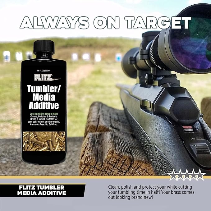 Flitz Tumbler Media Additive - 7.6oz Bottle of USA-Made Brass Cleaner Reloading Liquid for Ammo, Copper, & All Metals - Ammonia-Free Tumbling Polish to Remove Oxidation, Powder Residue (24 Pack)