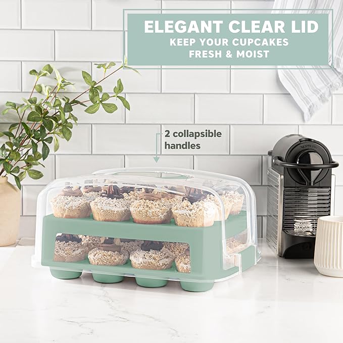 MosJos EXTRA TALL DOME 24 Cupcake Carrier, Green Cupcake Holder Carries 24 Cupcake Storage Container, Muffin Traveler Two Tier Stand Reusable Cupcake Box