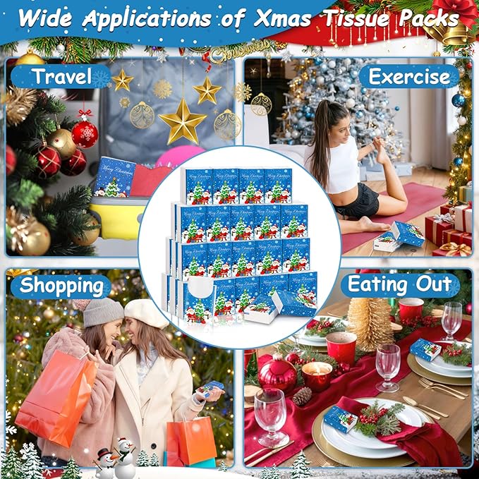 60 Pack Christmas Pocket Tissues 600 Sheets Merry Xmas Travel Packs 3 Ply Unscented Small Mini Individual Portable Travel Tissue Pack with Unique Embossing for Purse Holiday Party Travel