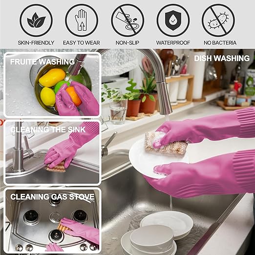 Mamison 2 Pairs Reusable Waterproof Household Dishwashing Cleaning Rubber Gloves, Non-Slip Kitchen Glove (Pink, XXL (Pack of 3))