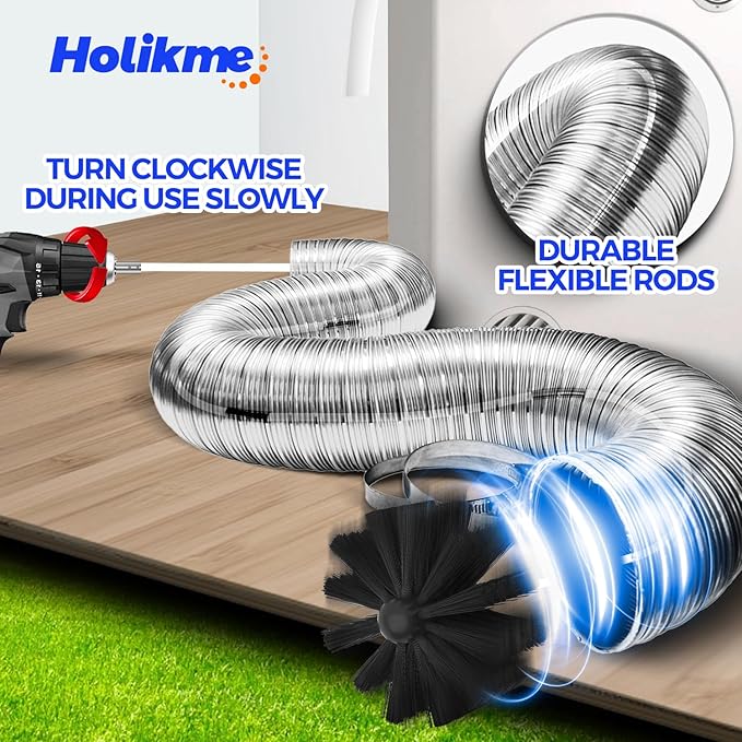 Holikme 42 Feet Dryer Vent Cleaner Kit - Lint Remover,Flexible Lint Brush with Drill Attachment, Fireplace Chimney Brushes for Easy Cleaning, Extends Up to 42 Feet, Use with or Without a Power Dril