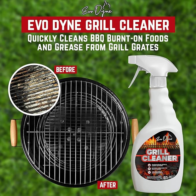 Evo Dyne Grill Cleaner Spray (32 oz), Made in USA - Quickly Cleans BBQ Burnt-on Foods and Grease from Grill Grates - Heavy Duty, Fast-Acting Formula, Less Scrubbing - Food Safe Grill & Oven Degreaser (2-Pack)