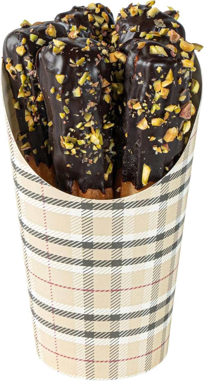 Restaurantware Bio Tek 16 Ounce French Fry Containers, 100 Disposable Charcuterie Cups - Incline Design, Round, Plaid Paper French Fry Cups, Stackable, For Waffles, Chips, or Popcorn