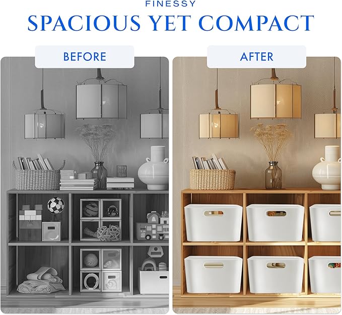 FINESSY White Plastic Storage Bins for Shelves, Small Closet Kitchen Storage Containers for Pantry Bathroom Office Organization Baskets, Cabinet Organizing Containers, White Organizer Bins for Shelves