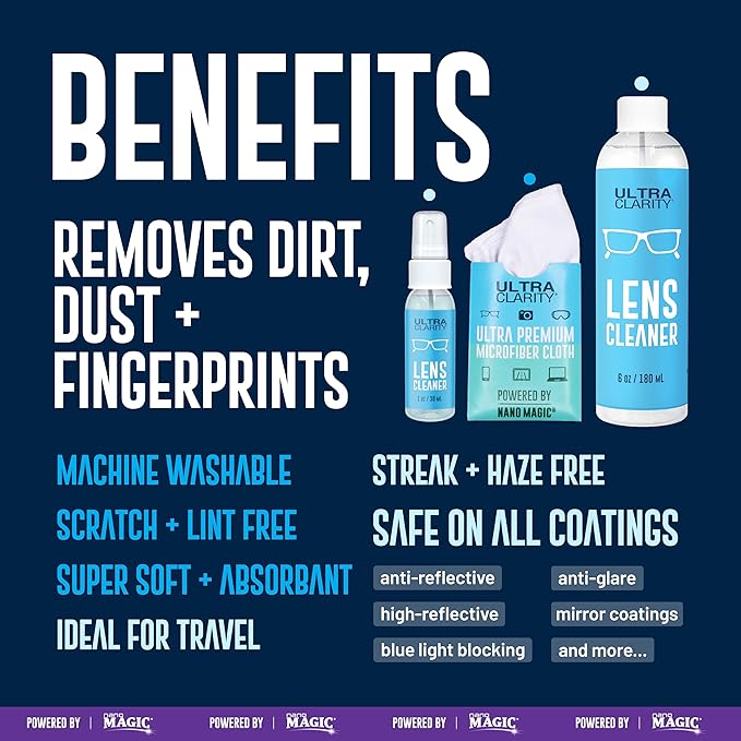 Ultra Clarity Powered by Nano Magic Eyeglass Lens Cleaning Spray 7oz Value Pack | 1oz Spray, 6oz Refill, Microfiber Cloth | For Glasses, Phone, Electronic Screens, Optic Surfaces, Coated Surfaces