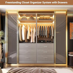 Besiost Closet System Set of 4, 8FT Closet Systems with 12 Wood Drawers, 96" Closet Organizer System with 4 Hanging Rods & 4 Shelves, Heavy Duty 96 Inch Walk-in Closet, Grey (96"L x 15" W x 80" H)
