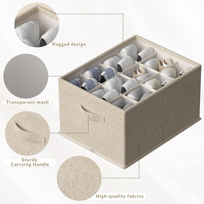 FHSQX 4 Pack Shoe Organizer for Closet,Foldable Shoe Organizer,Fits up to 48 Pairs,Storage Containers With Bottom Support for Shoes (Beige, (16.5 * 12.6 * 9.5) x4)