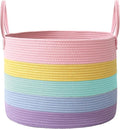 JMvicyroam 115L Extra Large Blanket Basket for Living Room - Woven Cotton Rope Laundry Hamper with Reinforced Handles - Storage Bin for Pillows, Comforters & Toys - Machine Washable,Rainbow