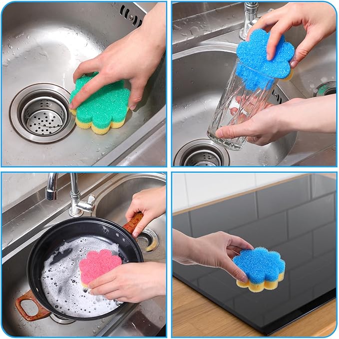 3pcs Scrubbies for Dishes, Dish Washing Sponge, Dual-Sided Temperature Scrubby Sponges, Flower Dual-Sided Sponge for Dish, Bathroom, Kitchen, Washing & Plus, Multipurpose