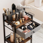 Bathroom Shelves with Drawer, 3 Tier Metal Rolling Standing Unit Storage Organizers with Toilet Paper Holder, Multifunctional Floor Corner Rack for Cosmetic, Dryer Curling Irons 12.8in Wide