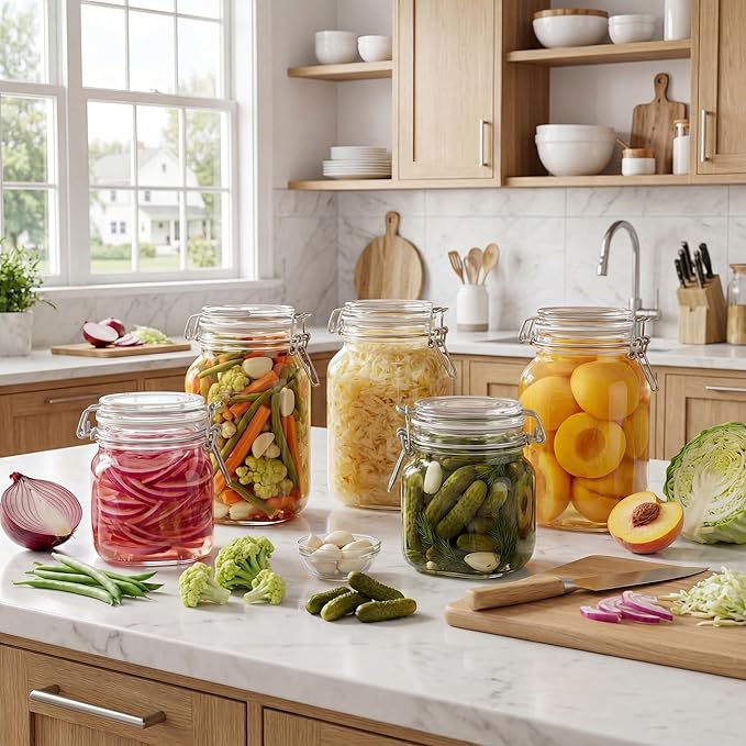 HomArtist Square Glass Jars with Airtight Lid Set of 3, 50 floz Wide Mouth Mason Jars with Clamp Lids,Glass Sealed Jars with Air Tight Lids, Best for Kitchen & Pantry Food Storage