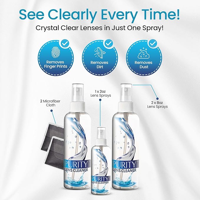 Purity Eyeglass Lens Cleaner Kit - 2 x 8oz and 1 x 2oz Lens Cleaner Spray Bottle + 2 Microfiber Cleaning Cloths - Safe for All Lenses (AR Coated Included), Eyeglasses and Screens - Clear