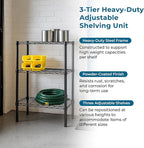 Honey-Can-Do 3-Tier Heavy Duty Adjustable Shelves, Metal Storage Rack With 250-lb Shelf Capacity, Black, 14" W x 24" L x 30" H