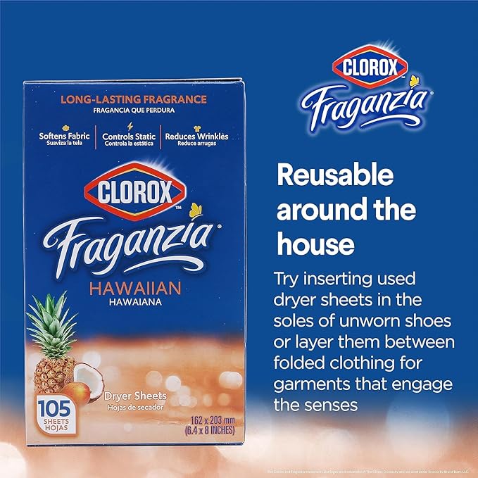 Clorox Fraganzia Fabric Softener Dryer Sheets, Wrinkle Reducing and Anti Static Laundry Dryer Sheets for Great Smelling Clothes, Softens Fabrics, Hawaiian Escape Scent, 105 Count - 6 Pack
