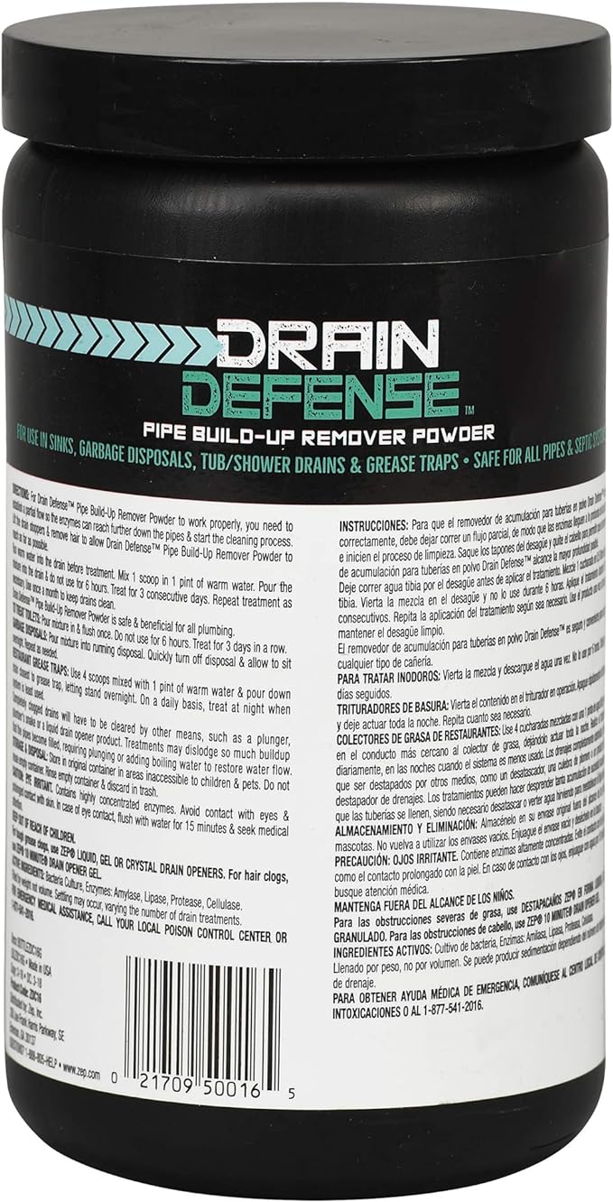 Zep Drain Defense Enzymatic Drain Cleaner Powder - 18 Ounces - ZDC16 - Safe for Pipes and Septic Systems, Pack of 1, white