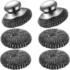 6 Pcs Steel Wool Scrubber, Stainless Steel Scrubber Pads for Cleaning Dishes, Cast Iron, Grill, Stove, Oven, Sink, Stubborn Messes (2 Scrubber with Handled + 4 Pads)