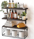 Amada Bathroom Shelves Over Toilet with Storage Basket, Floating Wall Shelf for Home Organization & Wall Decor, Bathroom/Kitchen/Living Room Shelves–Rustic Brown